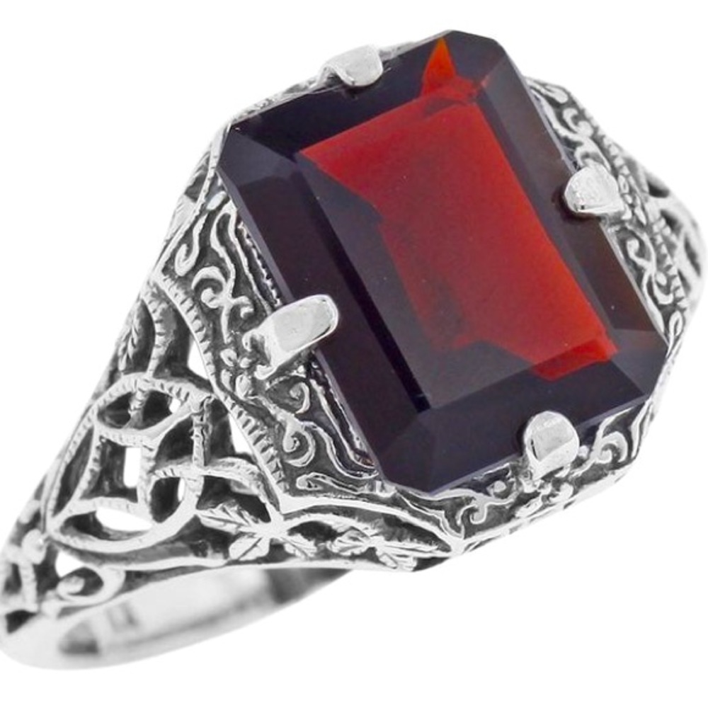 Sterling Silver Red Garnet Filigree Ring